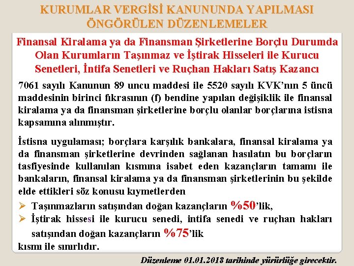 KURUMLAR VERGİSİ KANUNUNDA YAPILMASI ÖNGÖRÜLEN DÜZENLEMELER Finansal Kiralama ya da Finansman Şirketlerine Borçlu Durumda