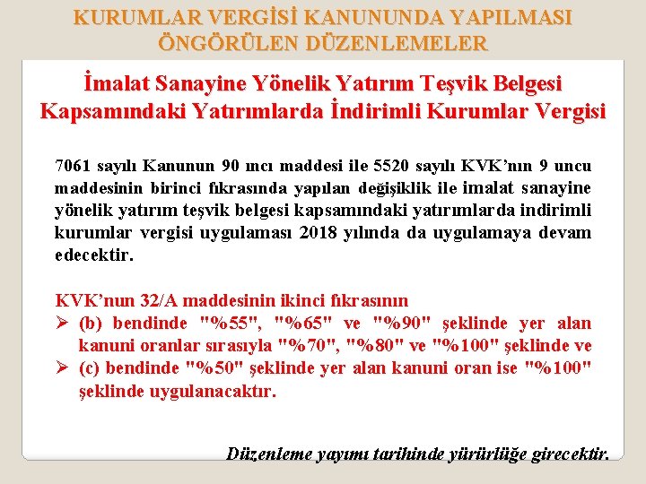 KURUMLAR VERGİSİ KANUNUNDA YAPILMASI ÖNGÖRÜLEN DÜZENLEMELER İmalat Sanayine Yönelik Yatırım Teşvik Belgesi Kapsamındaki Yatırımlarda