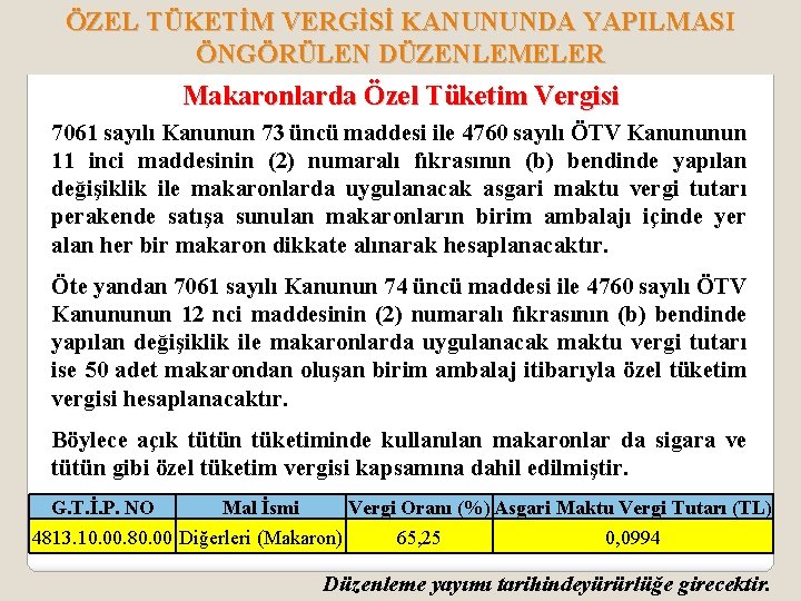 ÖZEL TÜKETİM VERGİSİ KANUNUNDA YAPILMASI ÖNGÖRÜLEN DÜZENLEMELER Makaronlarda Özel Tüketim Vergisi 7061 sayılı Kanunun