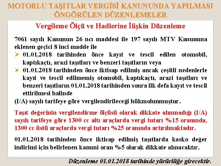 MOTORLU TAŞITLAR VERGİSİ KANUNUNDA YAPILMASI ÖNGÖRÜLEN DÜZENLEMELER Vergileme Ölçü ve Hadlerine İlişkin Düzenleme 7061