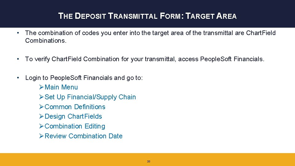 THE DEPOSIT TRANSMITTAL FORM: TARGET AREA • The combination of codes you enter into