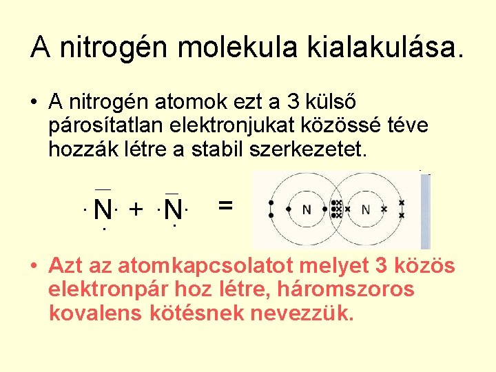 A nitrogén molekula kialakulása. • A nitrogén atomok ezt a 3 külső párosítatlan elektronjukat