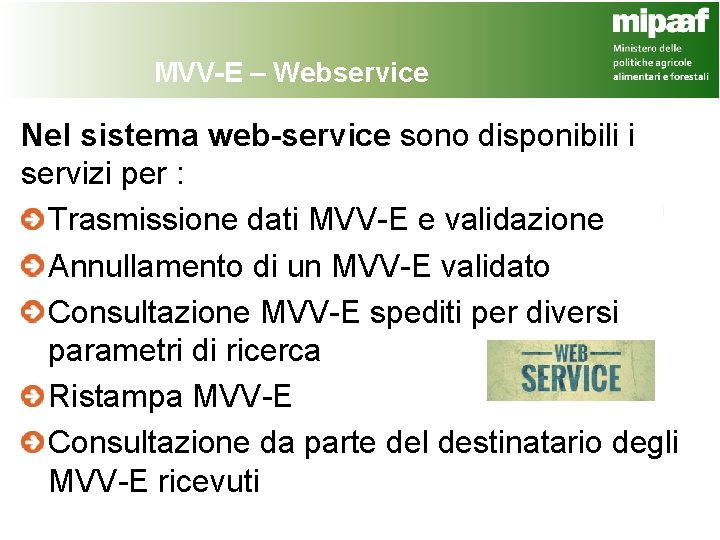 MVV-E – Webservice Nel sistema web-service sono disponibili i servizi per : Trasmissione dati