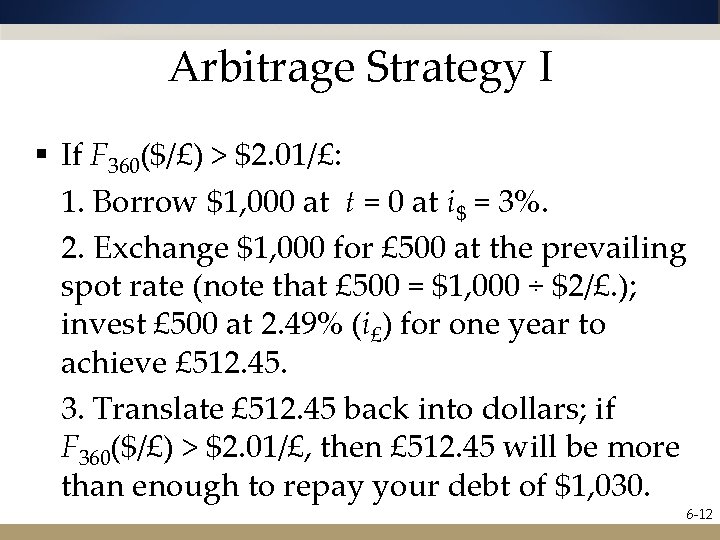 Arbitrage Strategy I § If F 360($/£) > $2. 01/£: 1. Borrow $1, 000