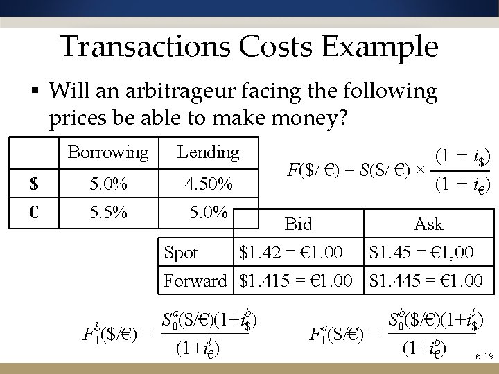 Transactions Costs Example § Will an arbitrageur facing the following prices be able to