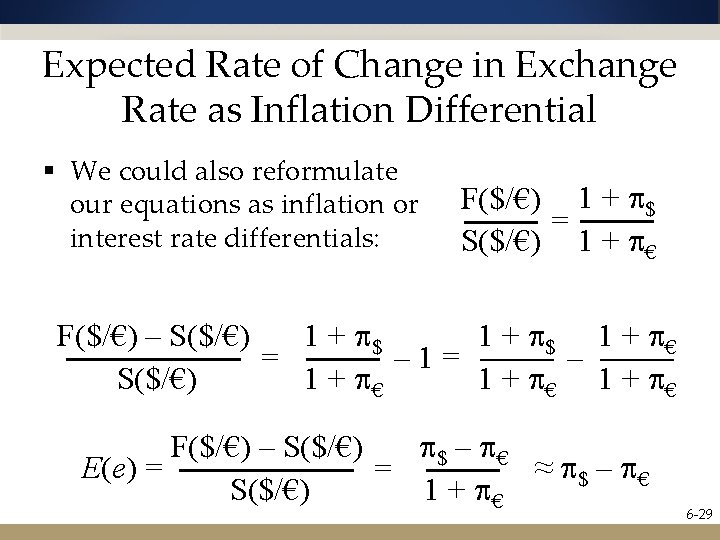 Expected Rate of Change in Exchange Rate as Inflation Differential § We could also