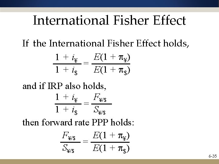 International Fisher Effect If the International Fisher Effect holds, E(1 + ¥) 1 +