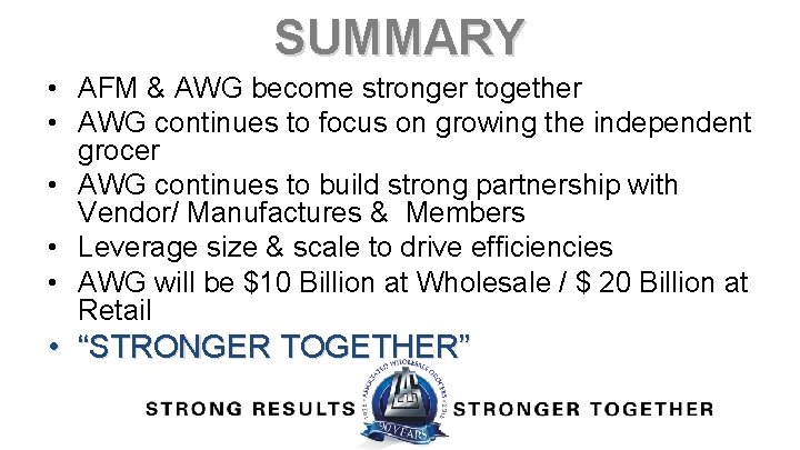 SUMMARY • AFM & AWG become stronger together • AWG continues to focus on