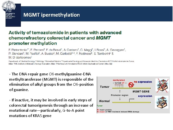 MGMT ipermethylation - The DNA repair gene O 6 -methylguanine-DNA methyltransferase (MGMT) is responsible