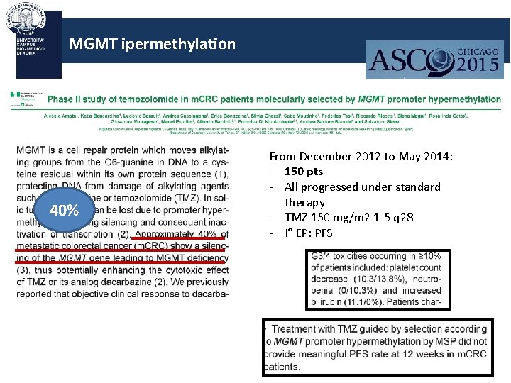 MGMT ipermethylation 40% From December 2012 to May 2014: - 150 pts - All