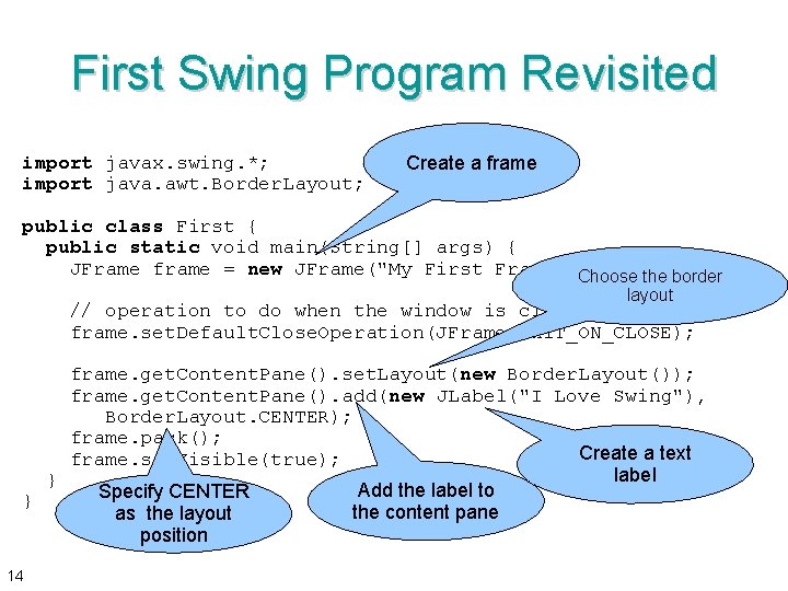 First Swing Program Revisited import javax. swing. *; import java. awt. Border. Layout; Create