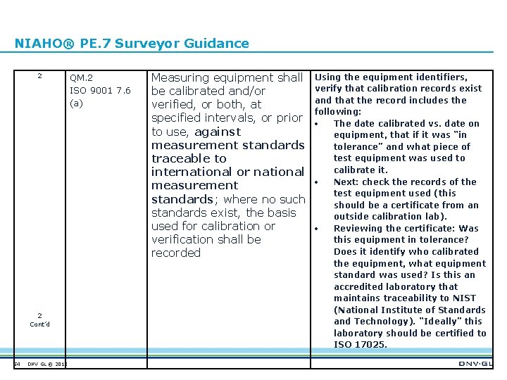 NIAHO® PE. 7 Surveyor Guidance 2 Measuring equipment shall be calibrated and/or verified, or