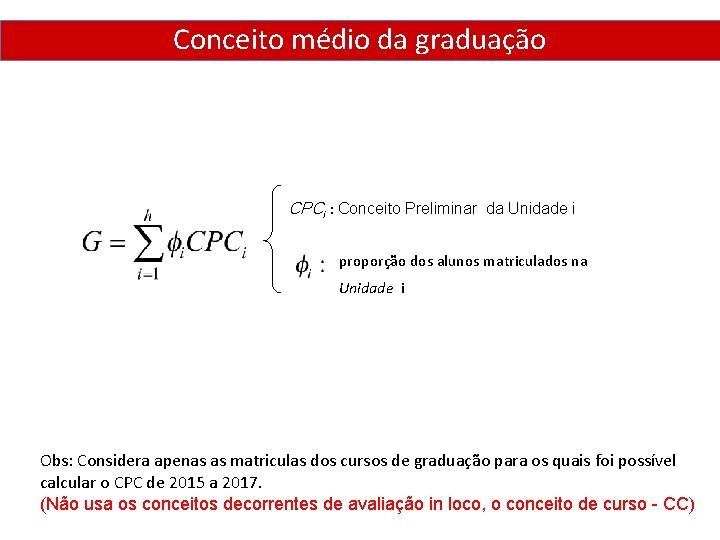 Conceito médio da graduação CPCi : Conceito Preliminar da Unidade i proporção dos alunos Conceito médio da graduação CPCi : Conceito Preliminar da Unidade i proporção dos alunos