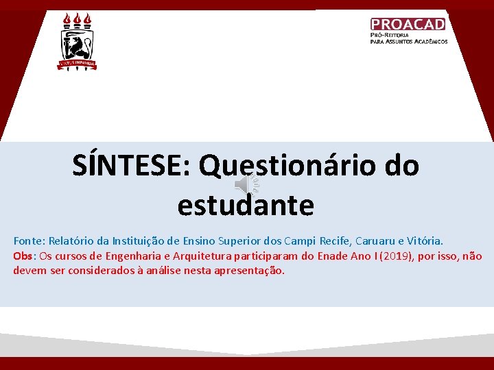 SÍNTESE: Questionário do estudante Fonte: Relatório da Instituição de Ensino Superior dos Campi Recife, SÍNTESE: Questionário do estudante Fonte: Relatório da Instituição de Ensino Superior dos Campi Recife,