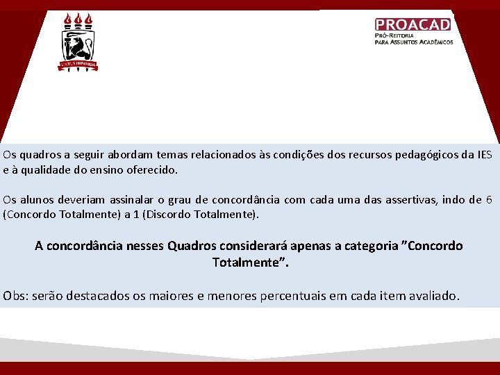 Os quadros a seguir abordam temas relacionados às condições dos recursos pedagógicos da IES Os quadros a seguir abordam temas relacionados às condições dos recursos pedagógicos da IES