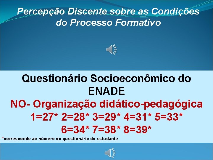 Percepção Discente sobre as Condições do Processo Formativo Questionário Socioeconômico do ENADE NO- Organização Percepção Discente sobre as Condições do Processo Formativo Questionário Socioeconômico do ENADE NO- Organização