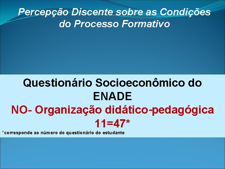 Percepção Discente sobre as Condições do Processo Formativo Questionário Socioeconômico do ENADE NO- Organização Percepção Discente sobre as Condições do Processo Formativo Questionário Socioeconômico do ENADE NO- Organização