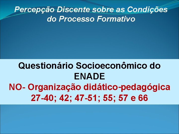 Percepção Discente sobre as Condições do Processo Formativo Questionário Socioeconômico do ENADE NO- Organização Percepção Discente sobre as Condições do Processo Formativo Questionário Socioeconômico do ENADE NO- Organização