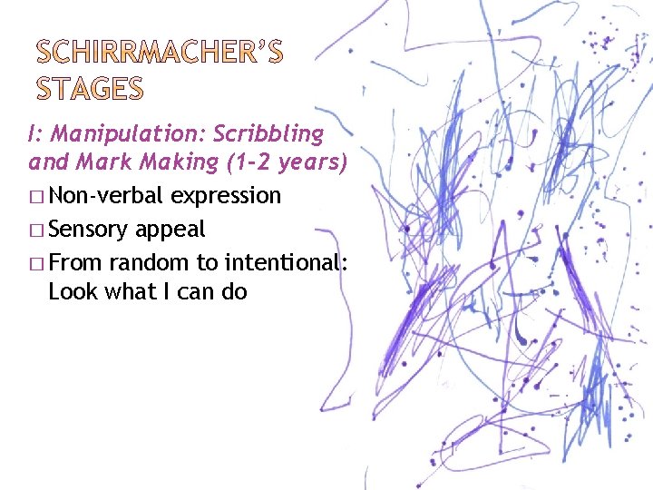 I: Manipulation: Scribbling and Mark Making (1 -2 years) � Non-verbal expression � Sensory