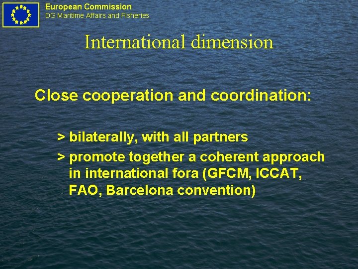 European Commission DG Maritime Affairs and Fisheries International dimension Close cooperation and coordination: >