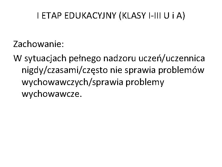 I ETAP EDUKACYJNY (KLASY I-III U i A) Zachowanie: W sytuacjach pełnego nadzoru uczeń/uczennica