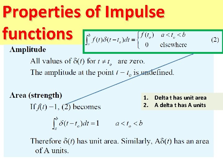 Properties of Impulse functions 1. Delta t has unit area 2. A delta t