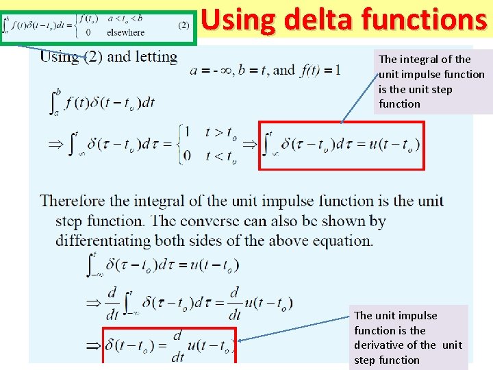 Using delta functions The integral of the unit impulse function is the unit step