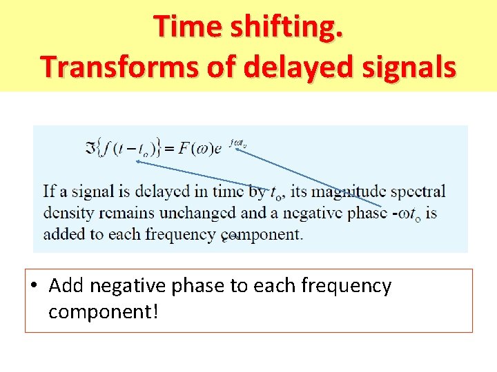 Time shifting. Transforms of delayed signals • Add negative phase to each frequency component!