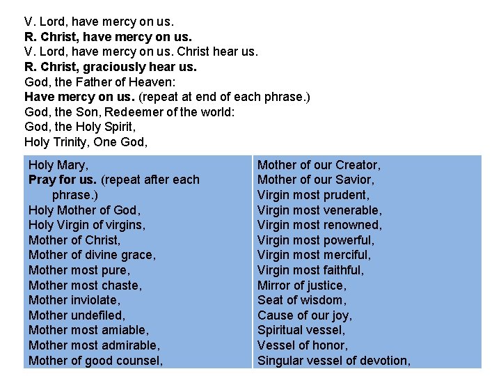 V. Lord, have mercy on us. R. Christ, have mercy on us. V. Lord,