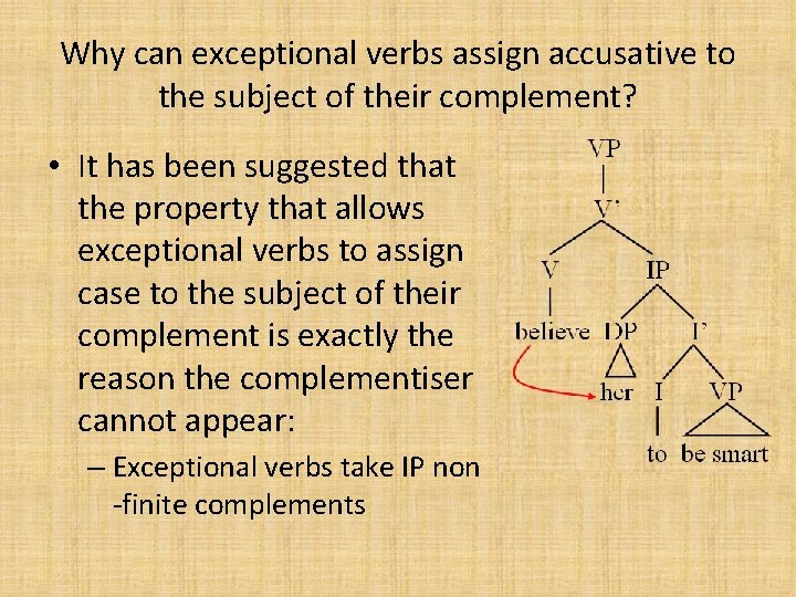 Why can exceptional verbs assign accusative to the subject of their complement? • It