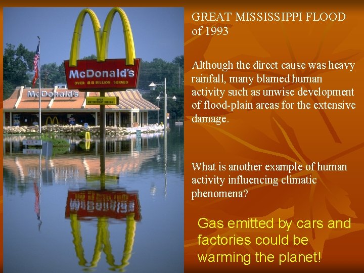 GREAT MISSISSIPPI FLOOD of 1993 Although the direct cause was heavy rainfall, many blamed GREAT MISSISSIPPI FLOOD of 1993 Although the direct cause was heavy rainfall, many blamed