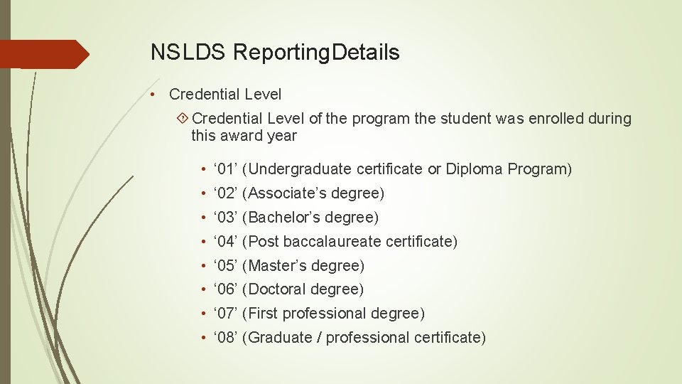 NSLDS Reporting. Details • Credential Level of the program the student was enrolled during