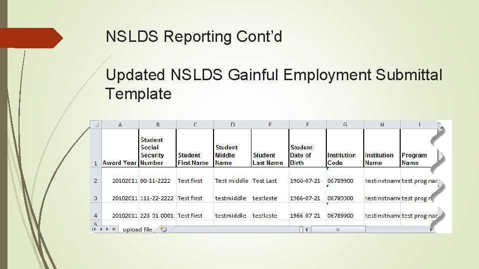 NSLDS Reporting Cont’d Updated NSLDS Gainful Employment Submittal Template 