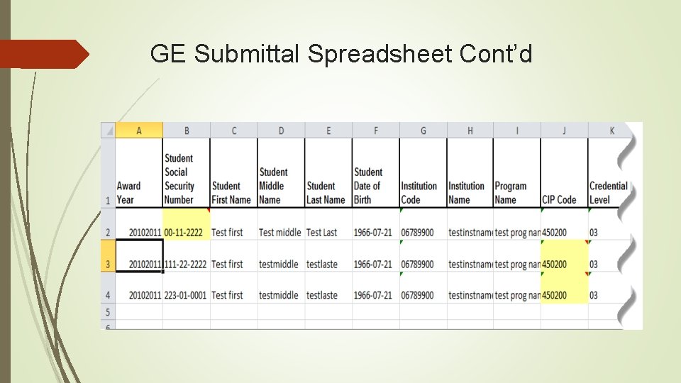 GE Submittal Spreadsheet Cont’d 