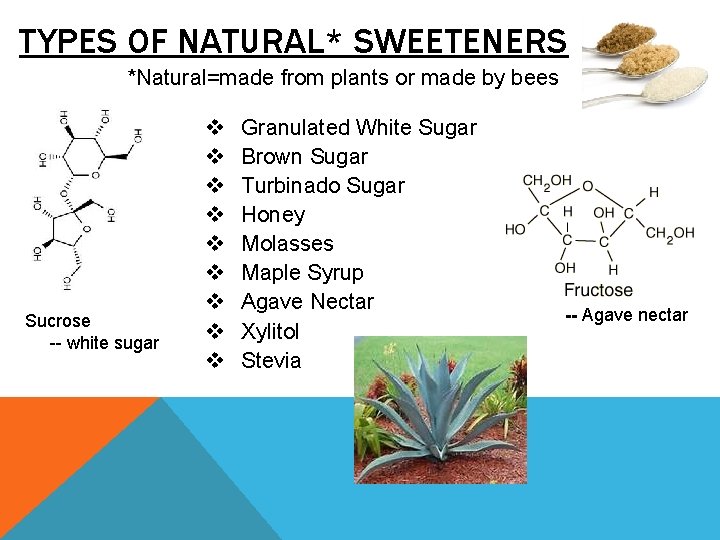 TYPES OF NATURAL* SWEETENERS *Natural=made from plants or made by bees Sucrose -- white