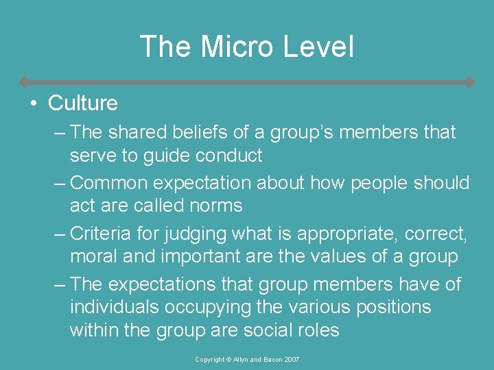 The Micro Level • Culture – The shared beliefs of a group’s members that The Micro Level • Culture – The shared beliefs of a group’s members that