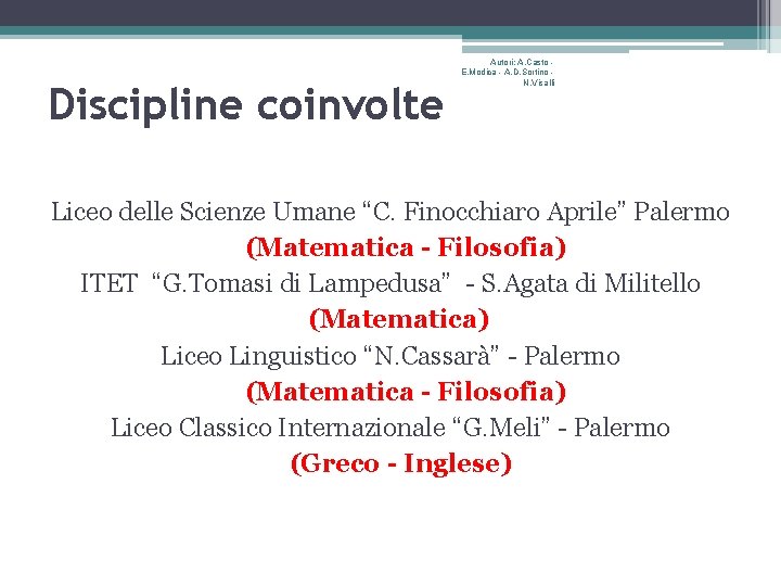 Discipline coinvolte Autori: A. Casto E. Modica - A. D. Sortino N. Visalli Liceo