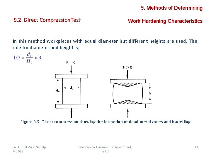 9. Methods of Determining 9. 2. Direct Compression. Test Work Hardening Characteristics In this