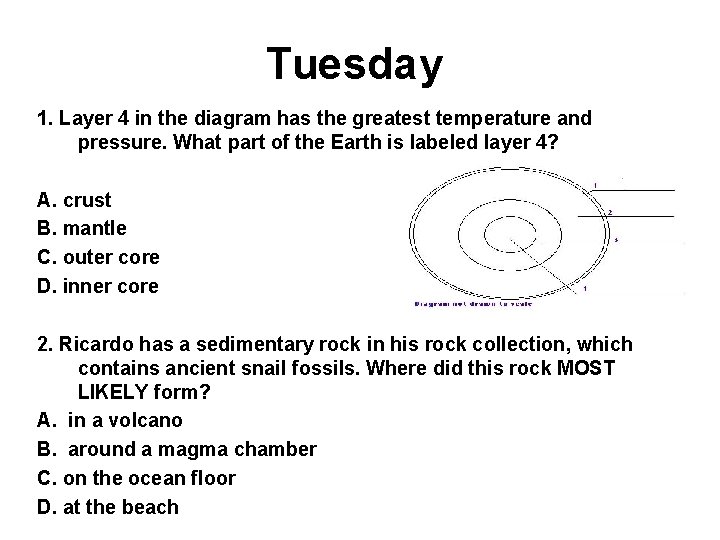 Tuesday 1. Layer 4 in the diagram has the greatest temperature and pressure. What