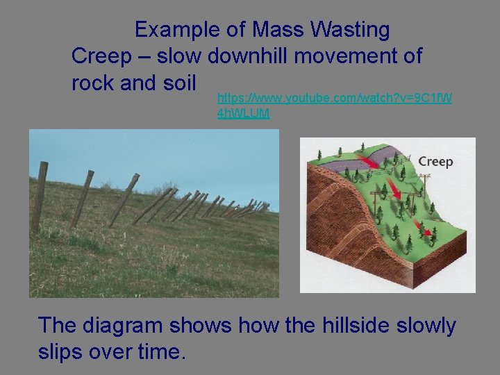 Example of Mass Wasting Creep – slow downhill movement of rock and soil https: