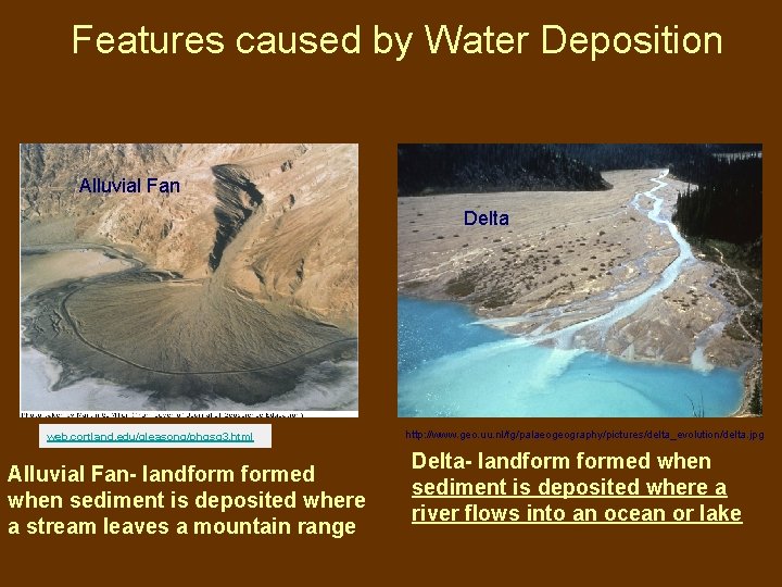 Features caused by Water Deposition Alluvial Fan Delta web. cortland. edu/gleasong/phgsg 3. html Alluvial