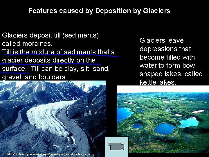 Features caused by Deposition by Glaciers deposit till (sediments) called moraines. Till is the