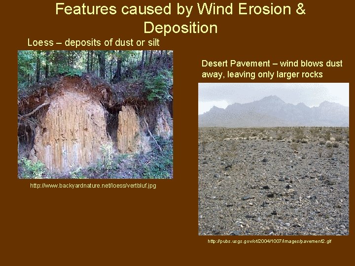 Features caused by Wind Erosion & Deposition Loess – deposits of dust or silt