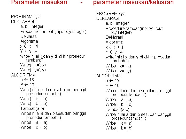 Parameter masukan - PROGRAM xyz DEKLARASI a, b : integer Procedure tambah(input x, y: