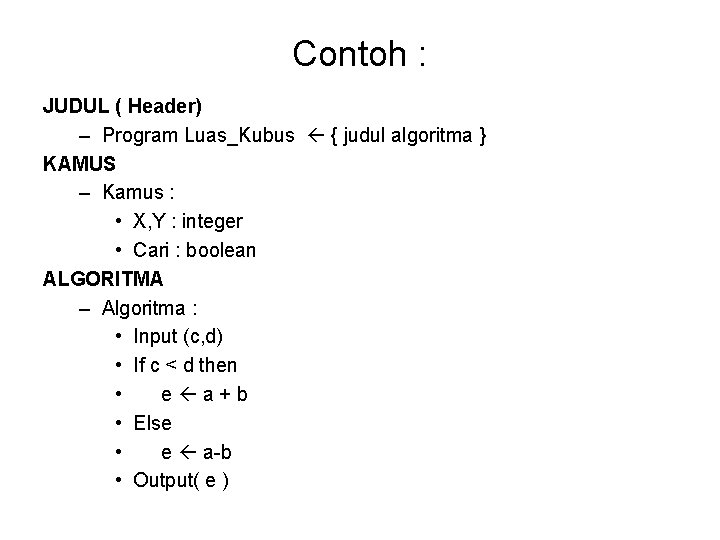 Contoh : JUDUL ( Header) – Program Luas_Kubus { judul algoritma } KAMUS –