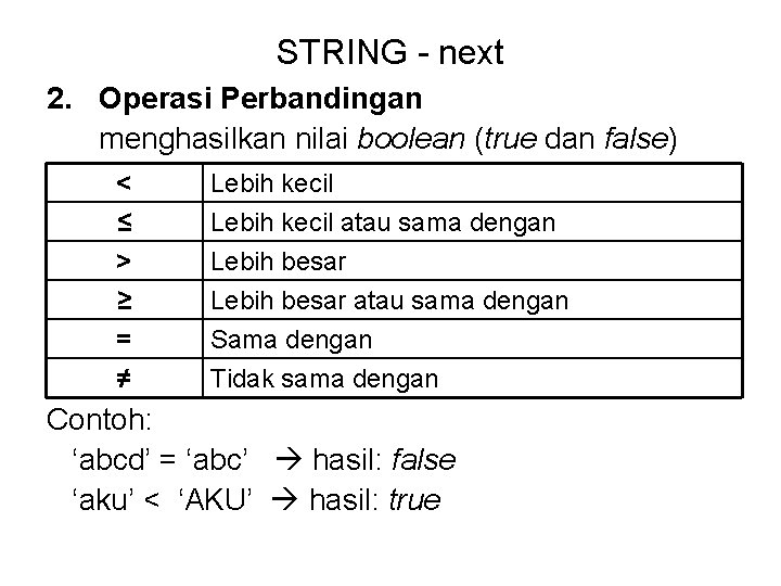 STRING - next 2. Operasi Perbandingan menghasilkan nilai boolean (true dan false) < ≤