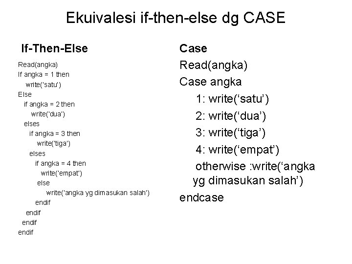 Ekuivalesi if-then-else dg CASE If-Then-Else Read(angka) If angka = 1 then write(‘satu’) Else if