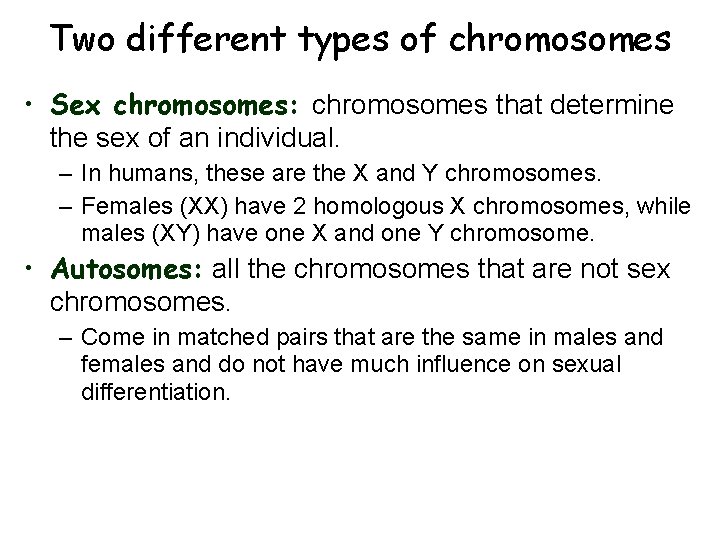 Two different types of chromosomes • Sex chromosomes: chromosomes that determine the sex of