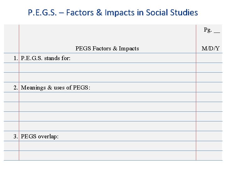 P. E. G. S. – Factors & Impacts in Social Studies Pg. __ PEGS