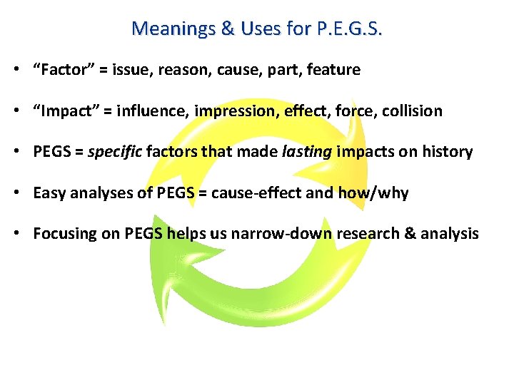 Meanings & Uses for P. E. G. S. • “Factor” = issue, reason, cause,